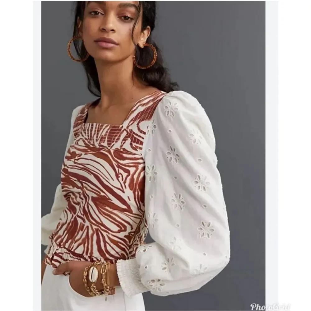 Revolve Anthropologie Love The Label Smocked Puff-Sleeve Brown Zebra Blouse